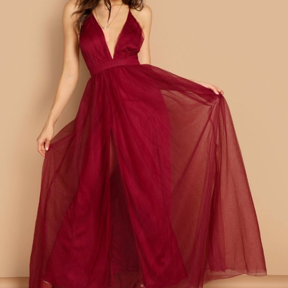 SHEIN Belle Plunging Neck Mesh-Overlay Maxi Dress